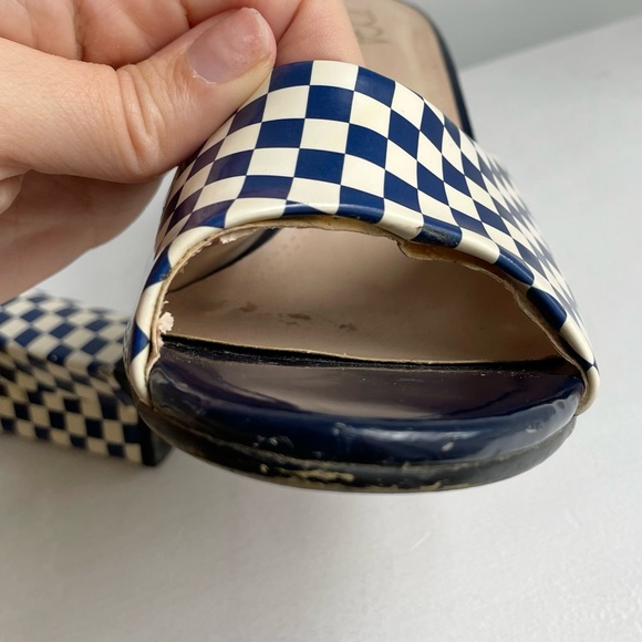 Toga Blue & Cream Checker Print Vinyl Mules Heels - Picture 9 of 9